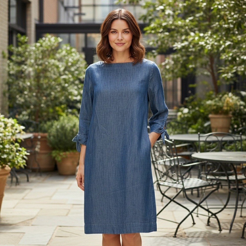 Talbots Shift Dress Womens Size Blue Denim Chambray‎ 6 3/4 Sleeve Tie Cuff Y2K
